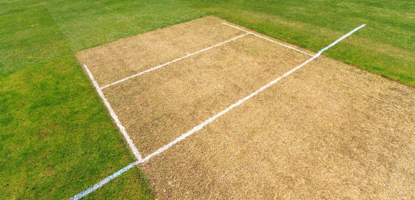 Close up of cricket pitch under lights